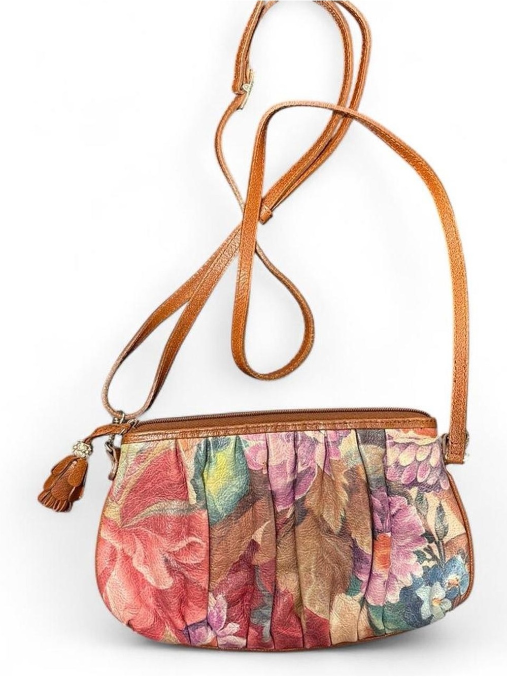Brighton Floral Leather Crossbody in Tan and Multicolor